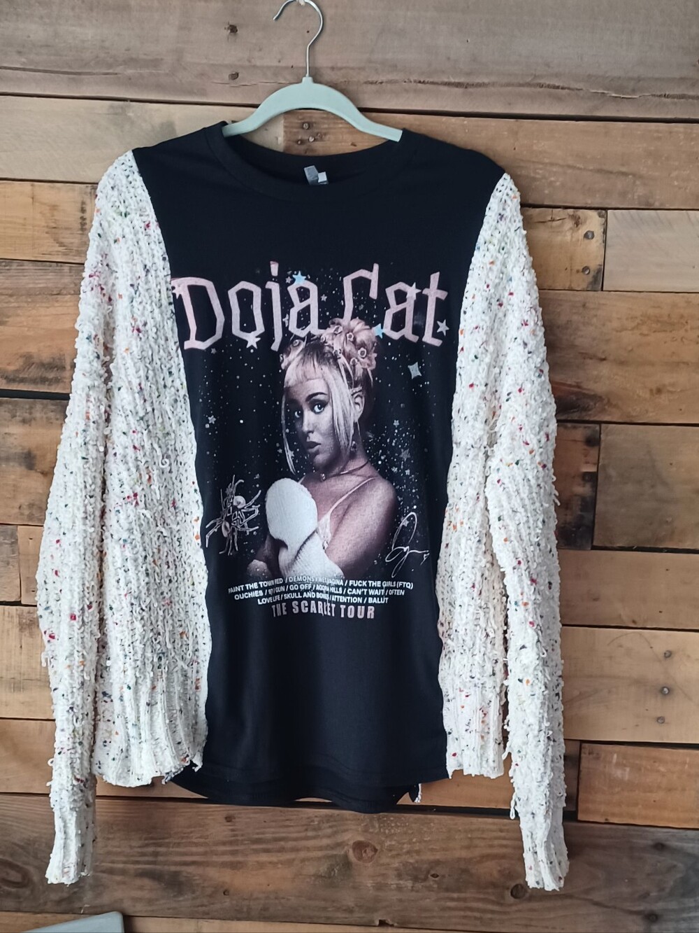 Upcycled Doja Cat Graphic Tee with Cream Knit Sleeve Detail